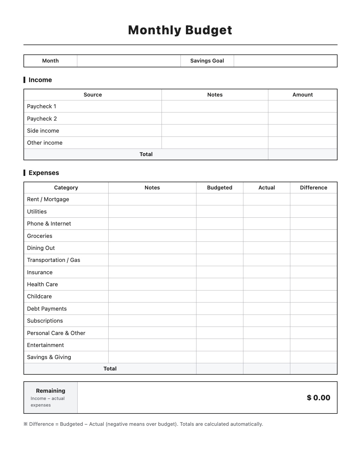 Monthly Budget template preview