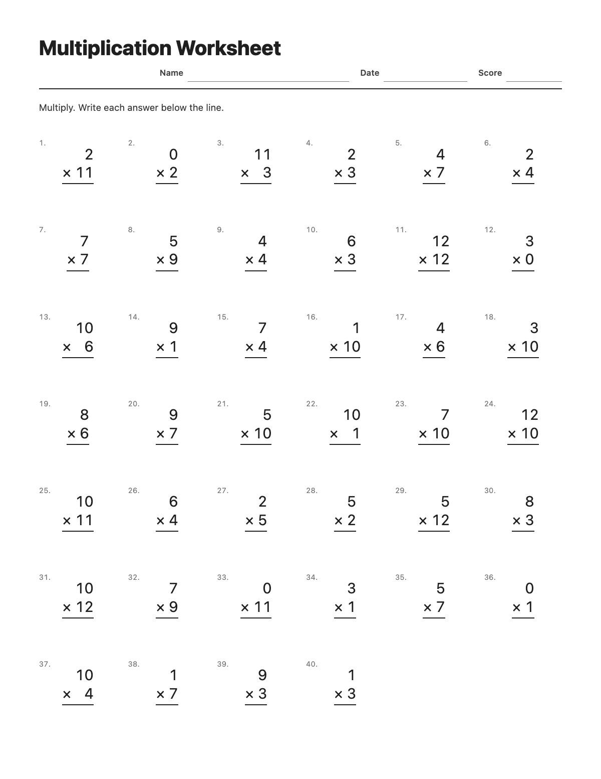 Multiplication Worksheet template preview