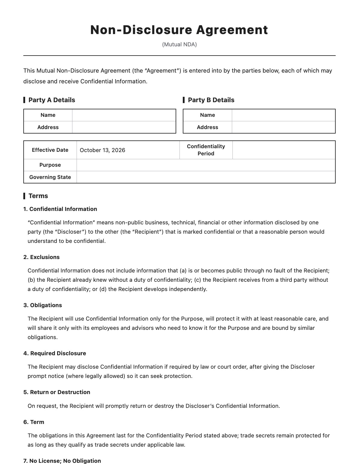 Non-Disclosure Agreement template preview