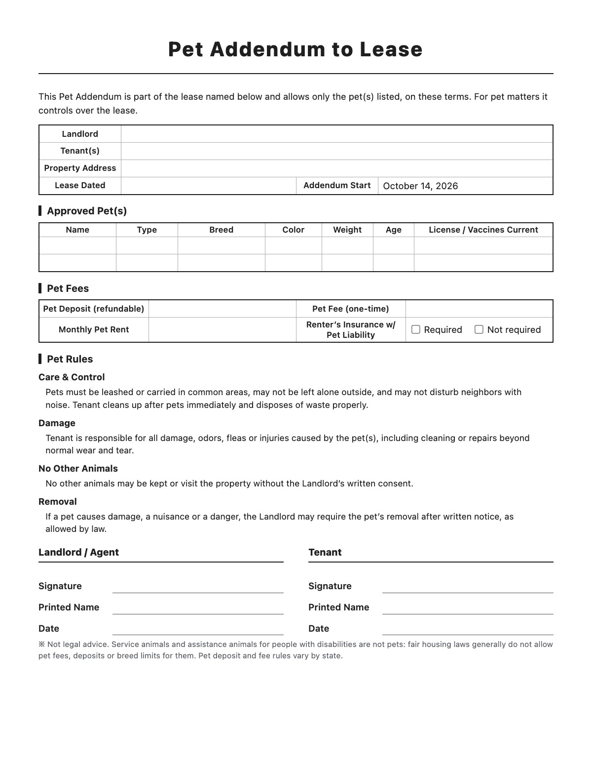 Pet Addendum to Lease template preview