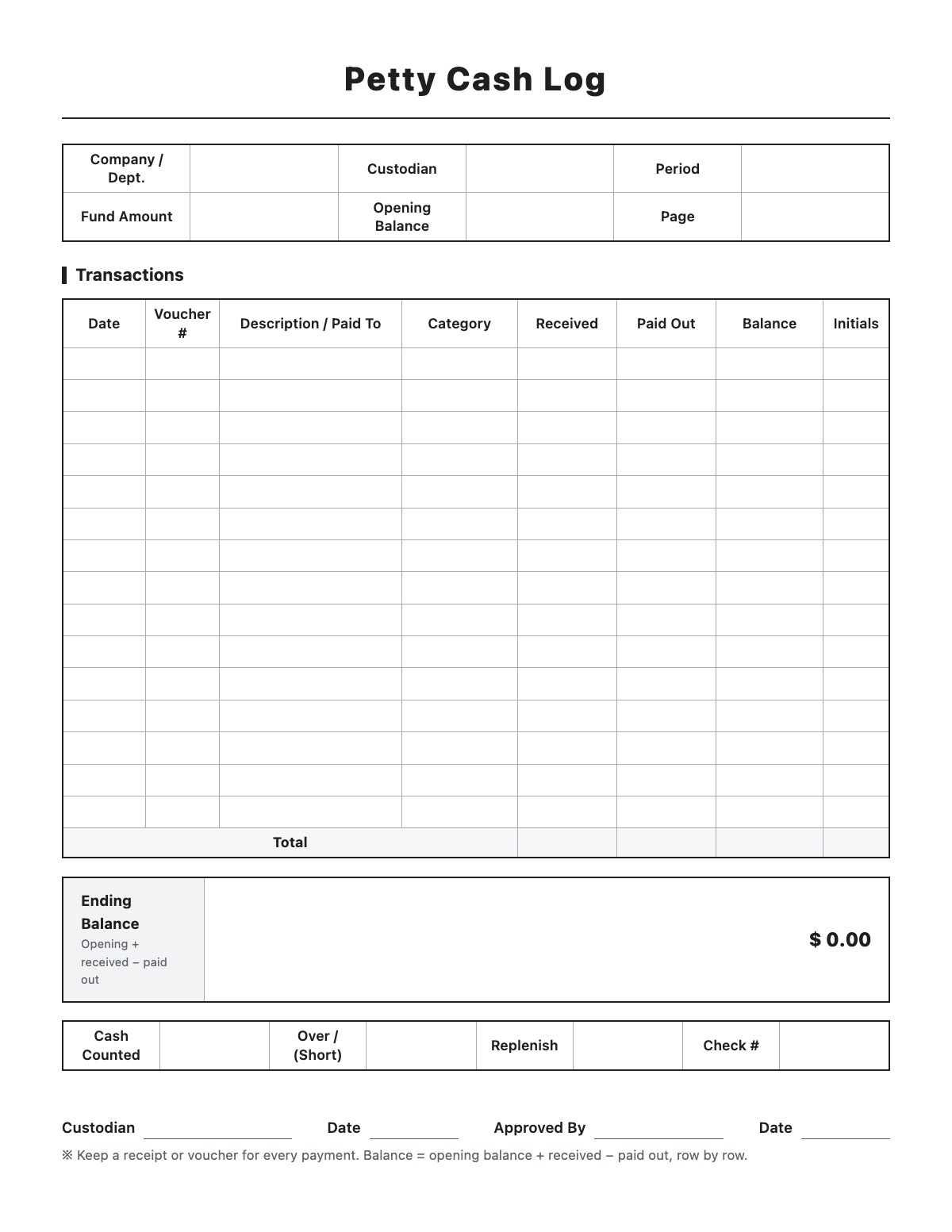 Petty Cash Log template preview