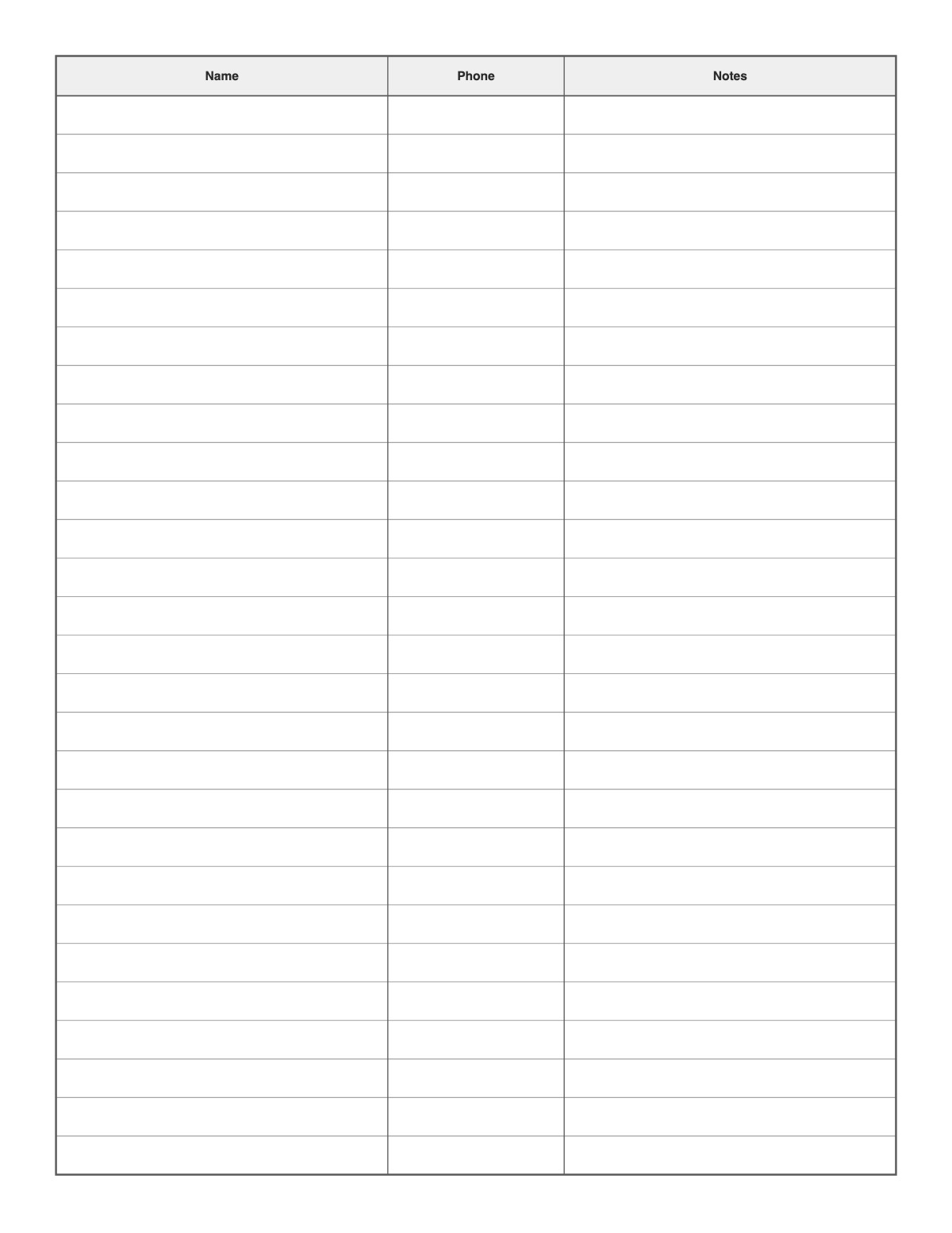 Phone List Template printable preview