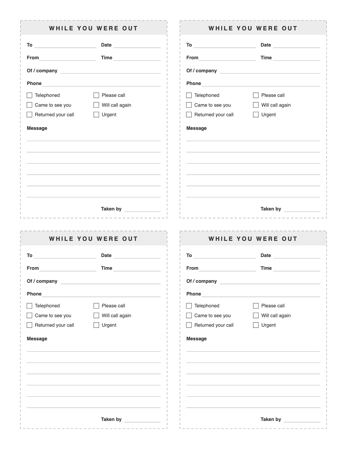 Phone Message Template printable preview