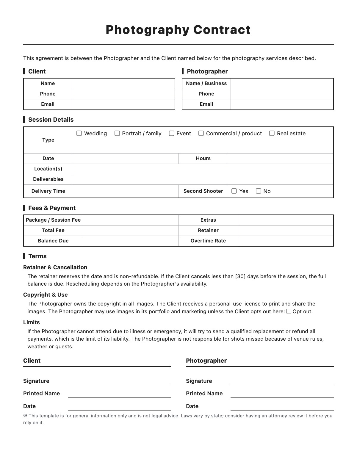 Photography Contract template preview