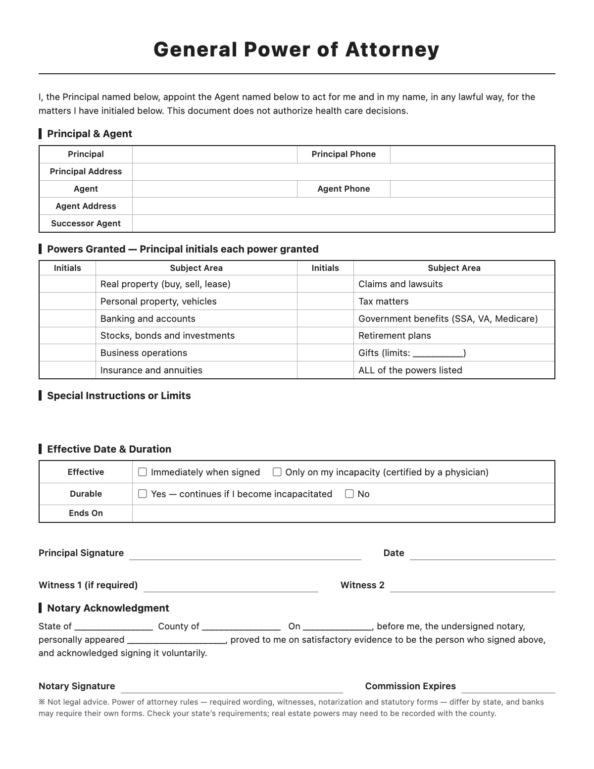 General Power of Attorney template preview