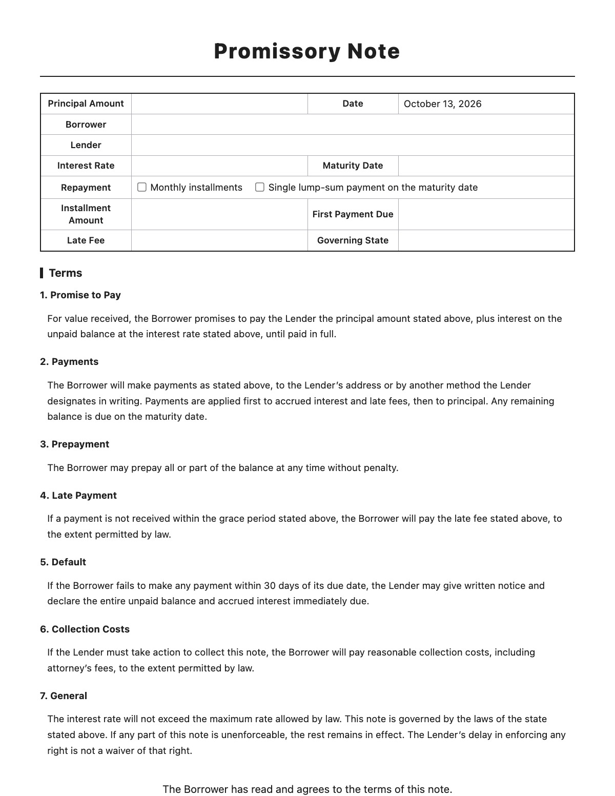 Promissory Note template preview