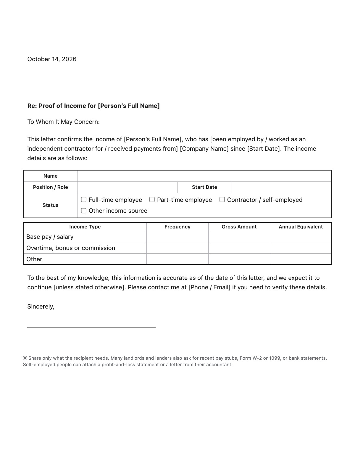 Proof of Income Letter template preview
