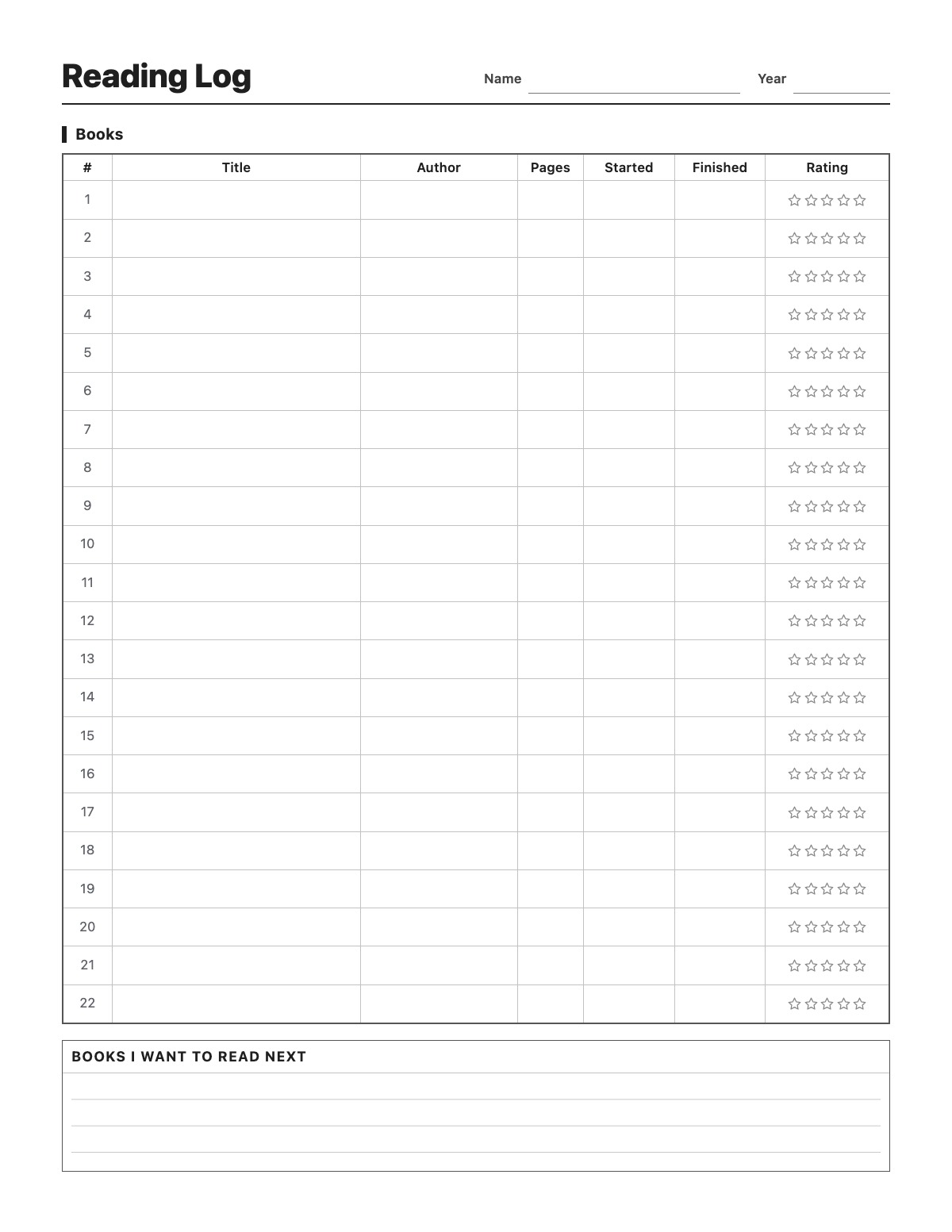 Reading Log template preview
