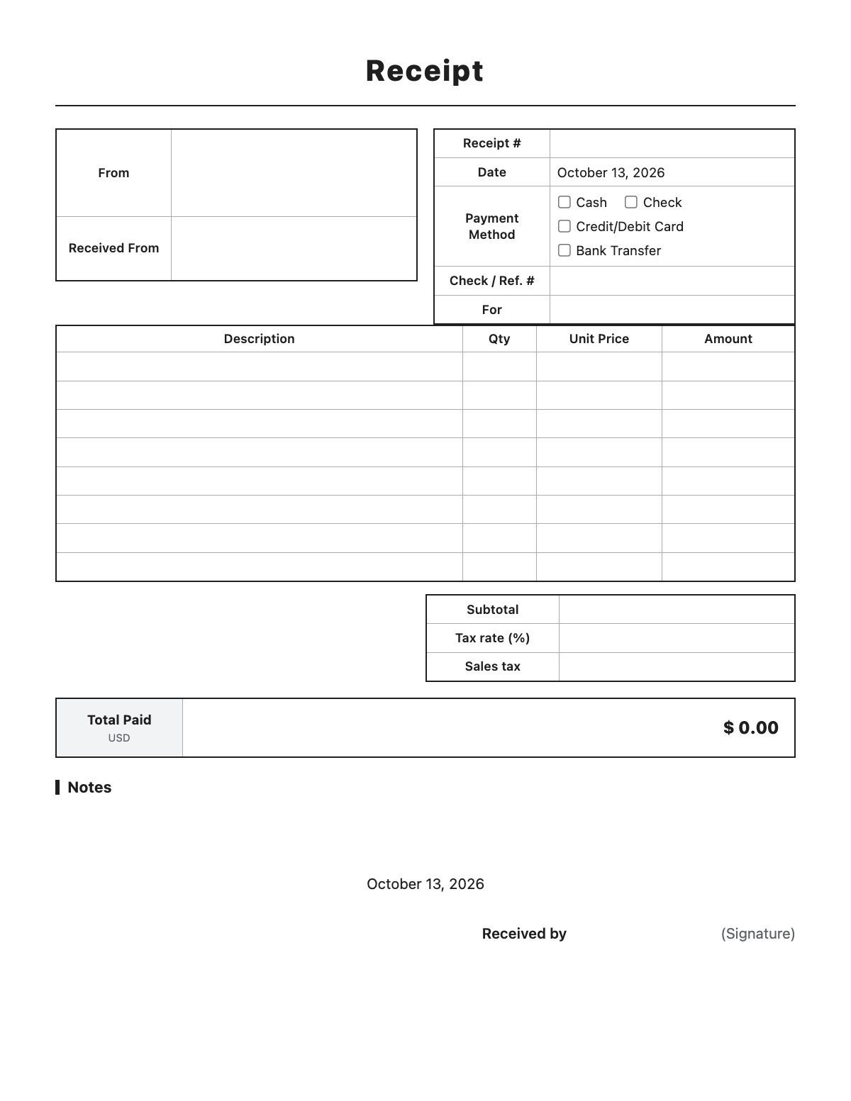Receipt template preview