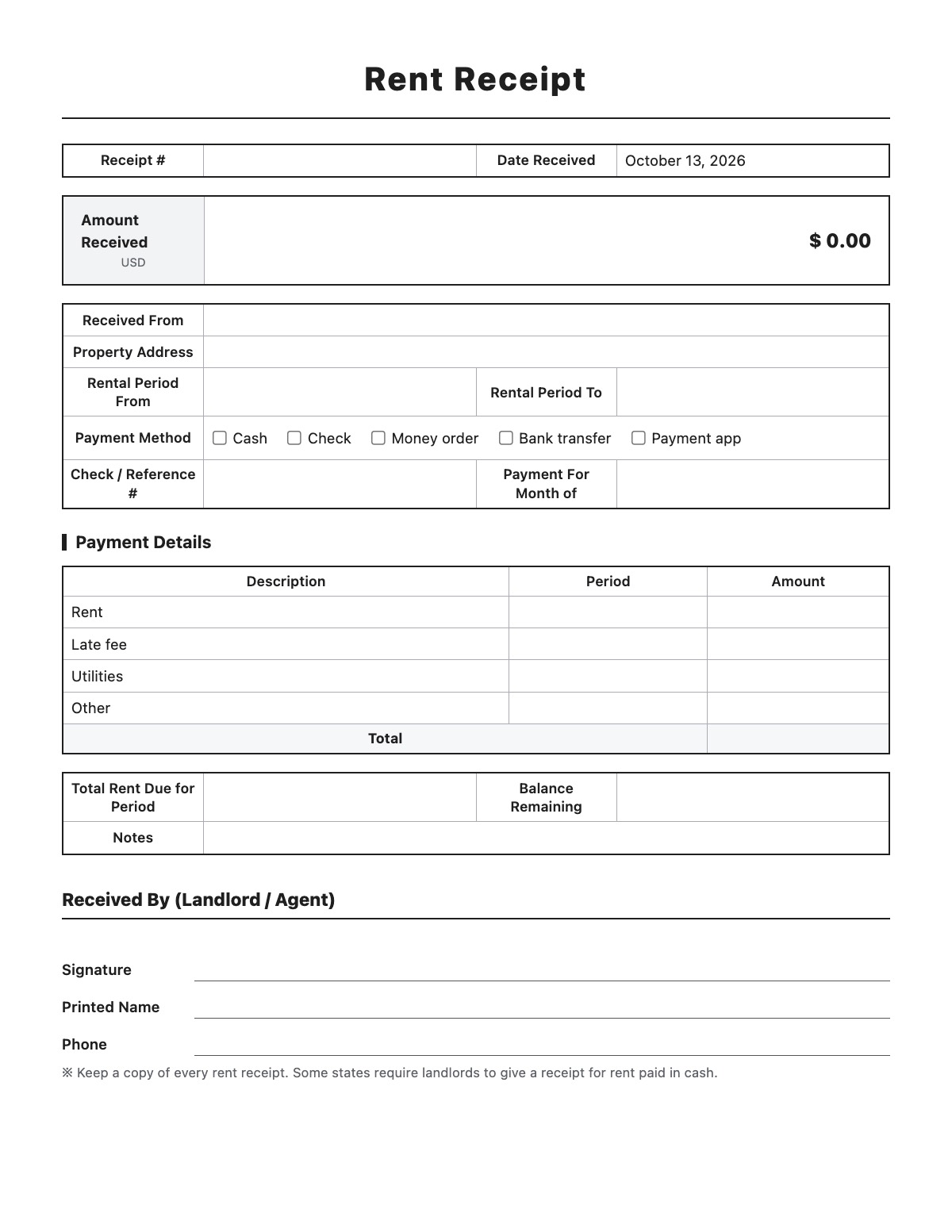 Rent Receipt template preview