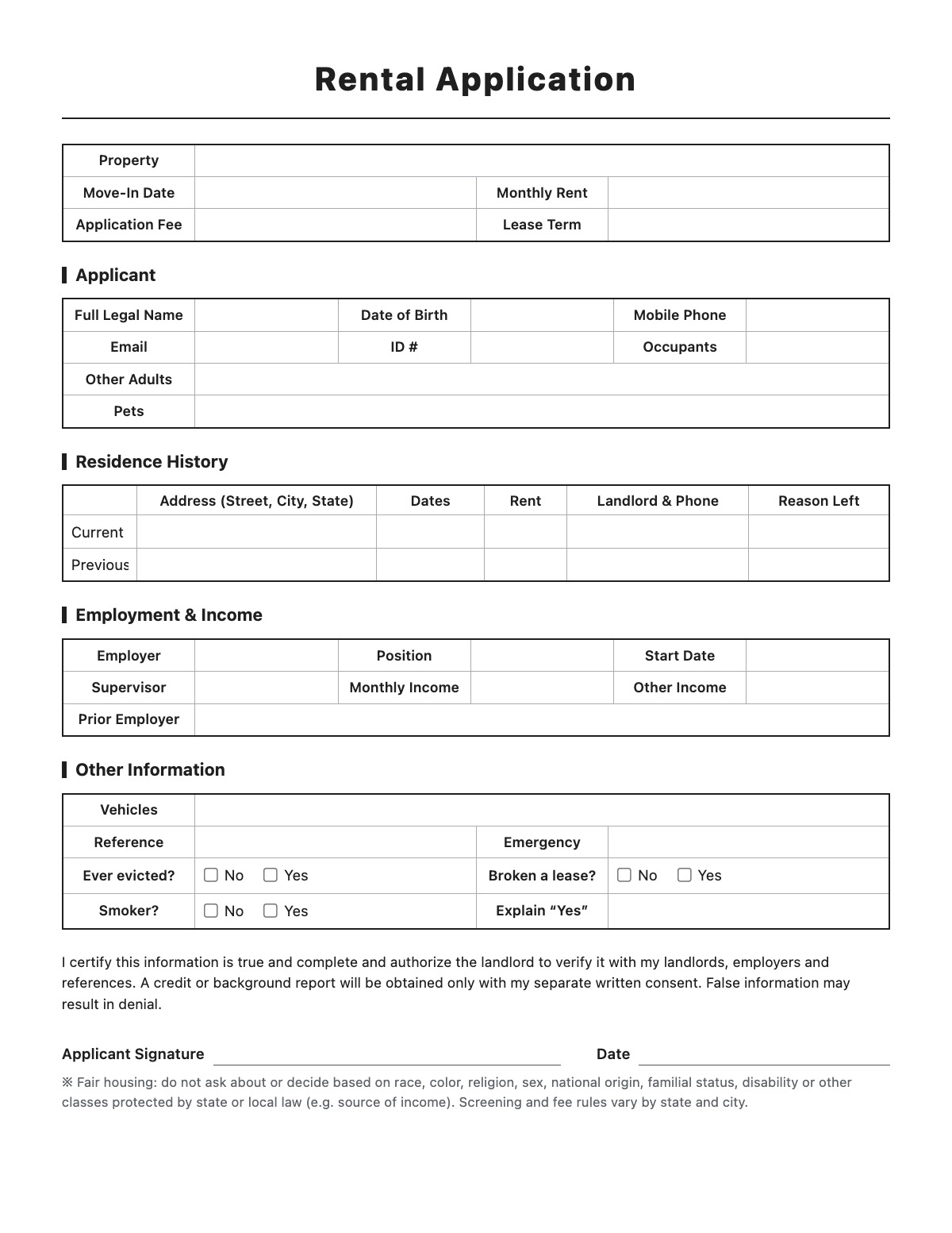 Rental Application template preview