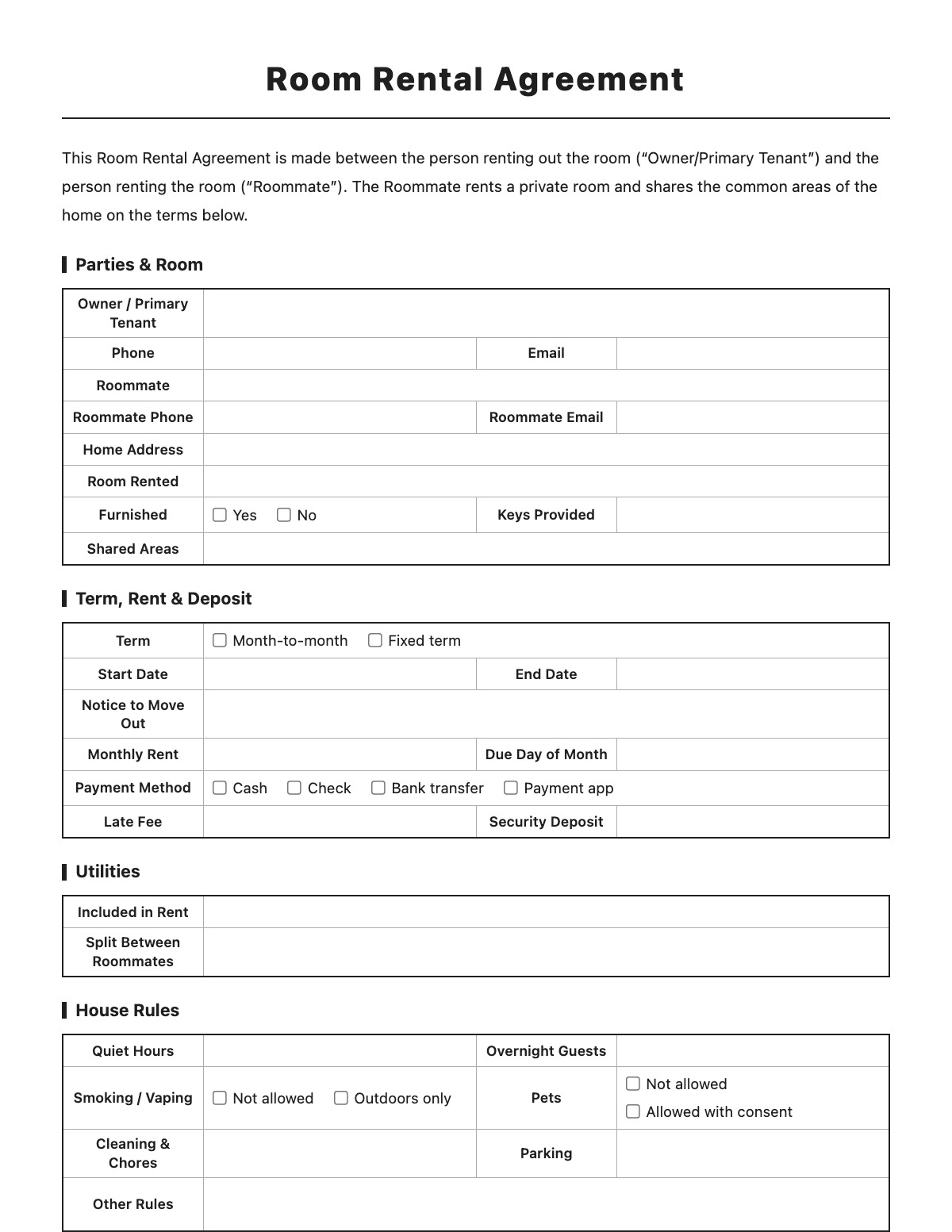 Room Rental Agreement template preview