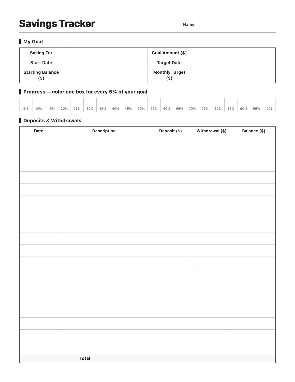 Savings Tracker template preview