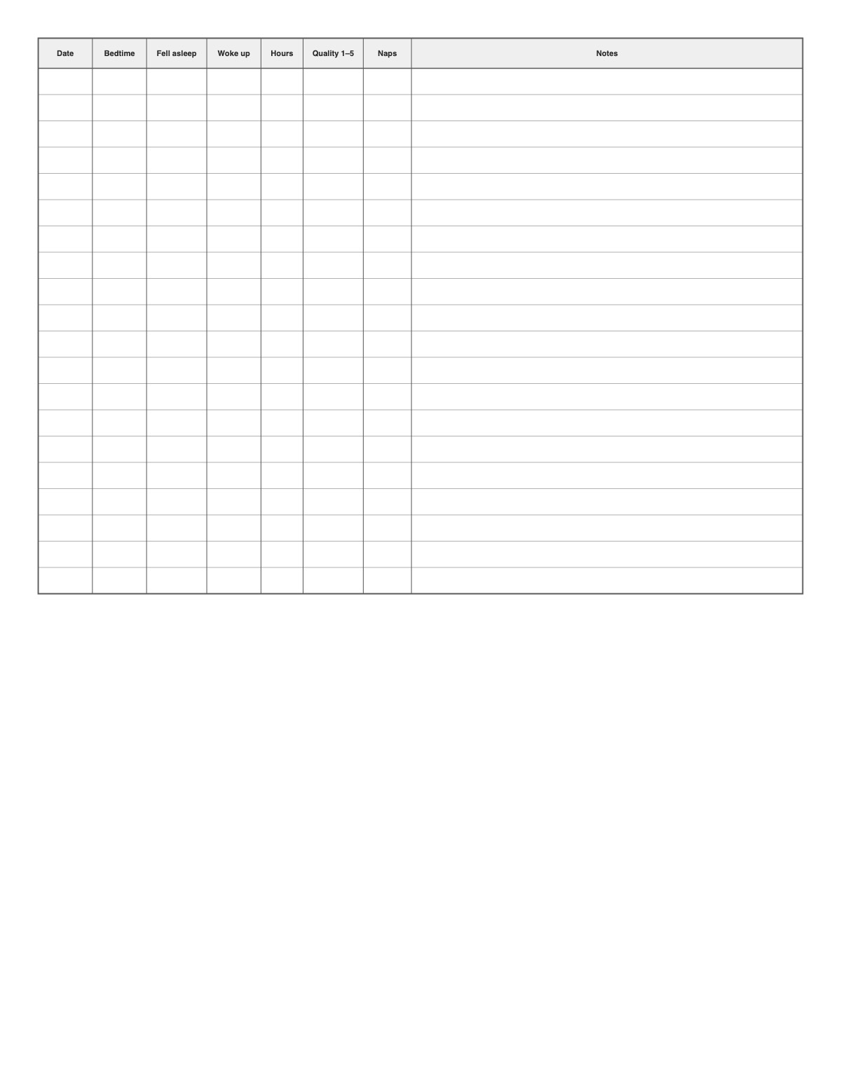 Sleep Log printable preview