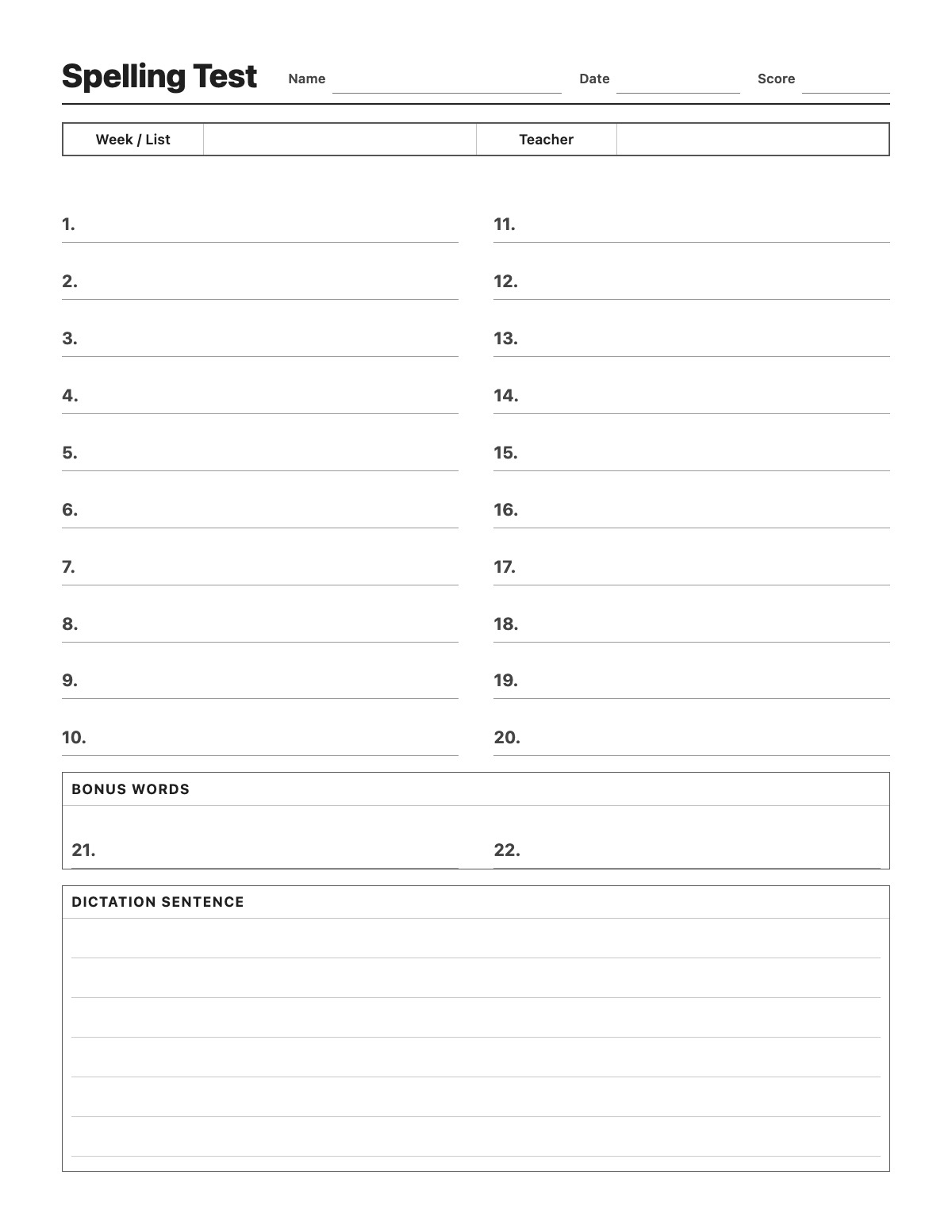 Spelling Test template preview