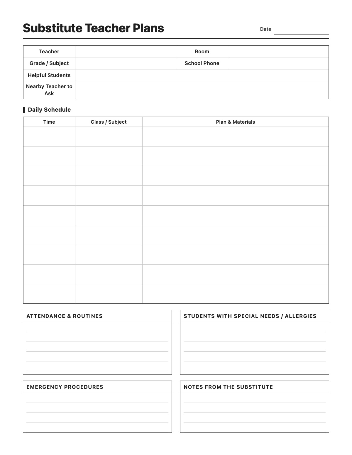 Substitute Teacher Plans template preview