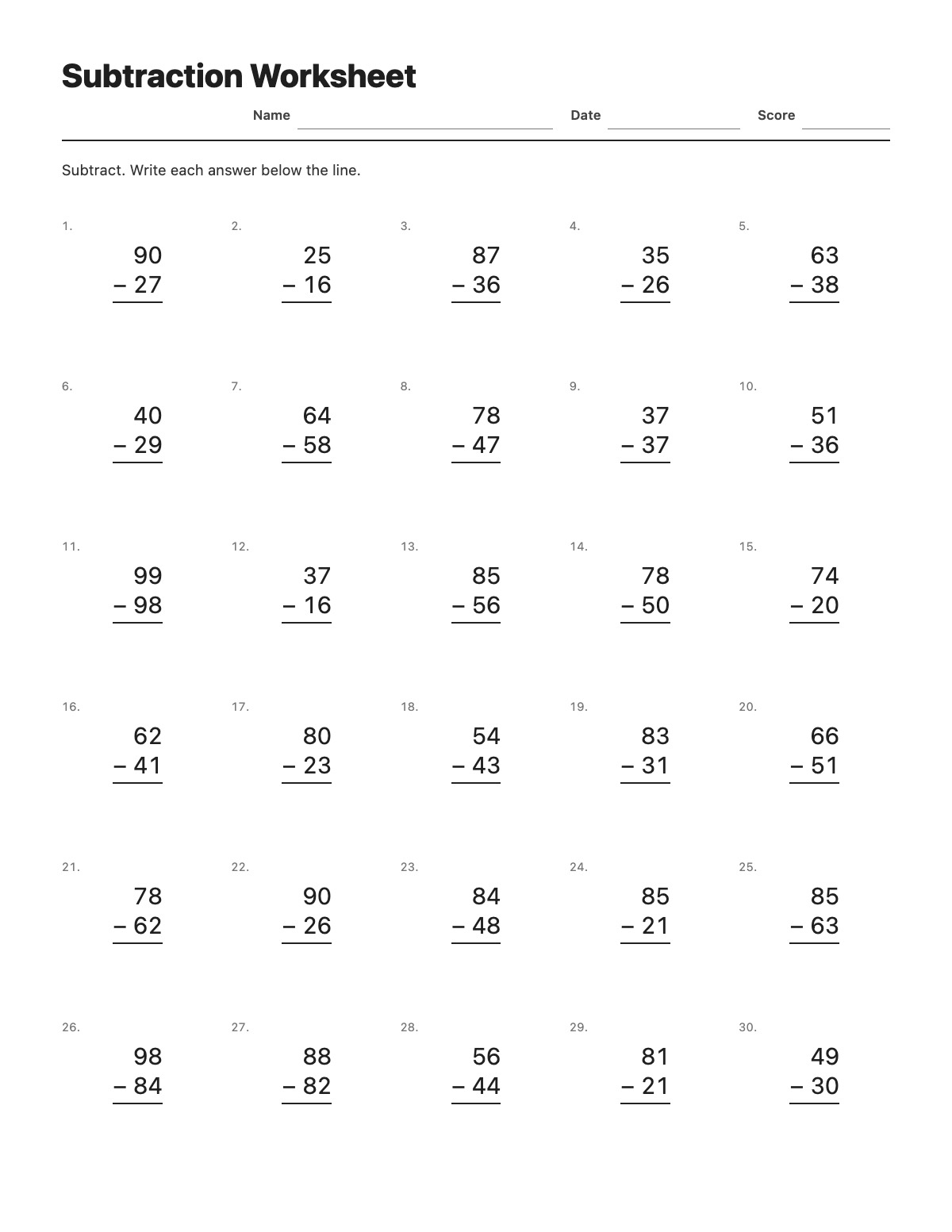 Subtraction Worksheet template preview