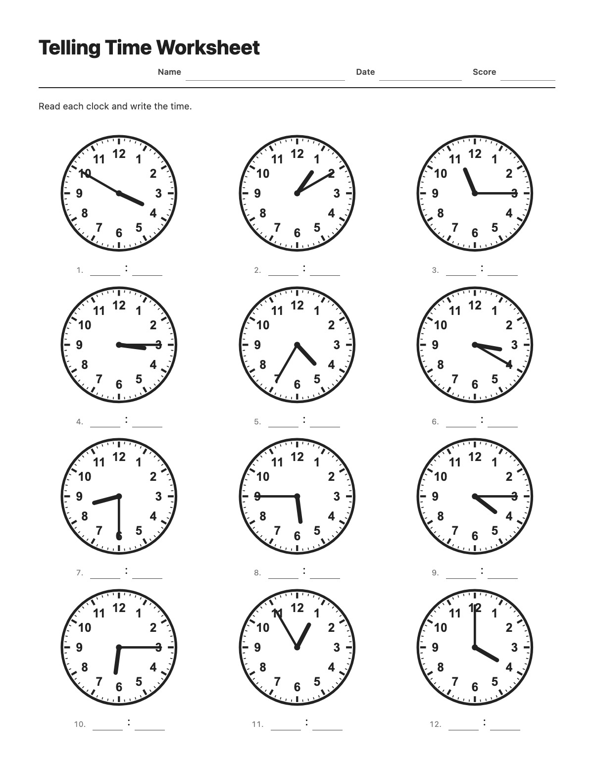 Telling Time Worksheet template preview