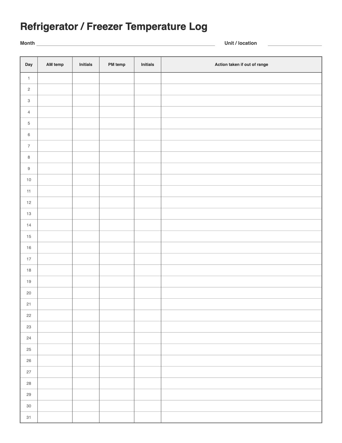 Temperature Log printable preview