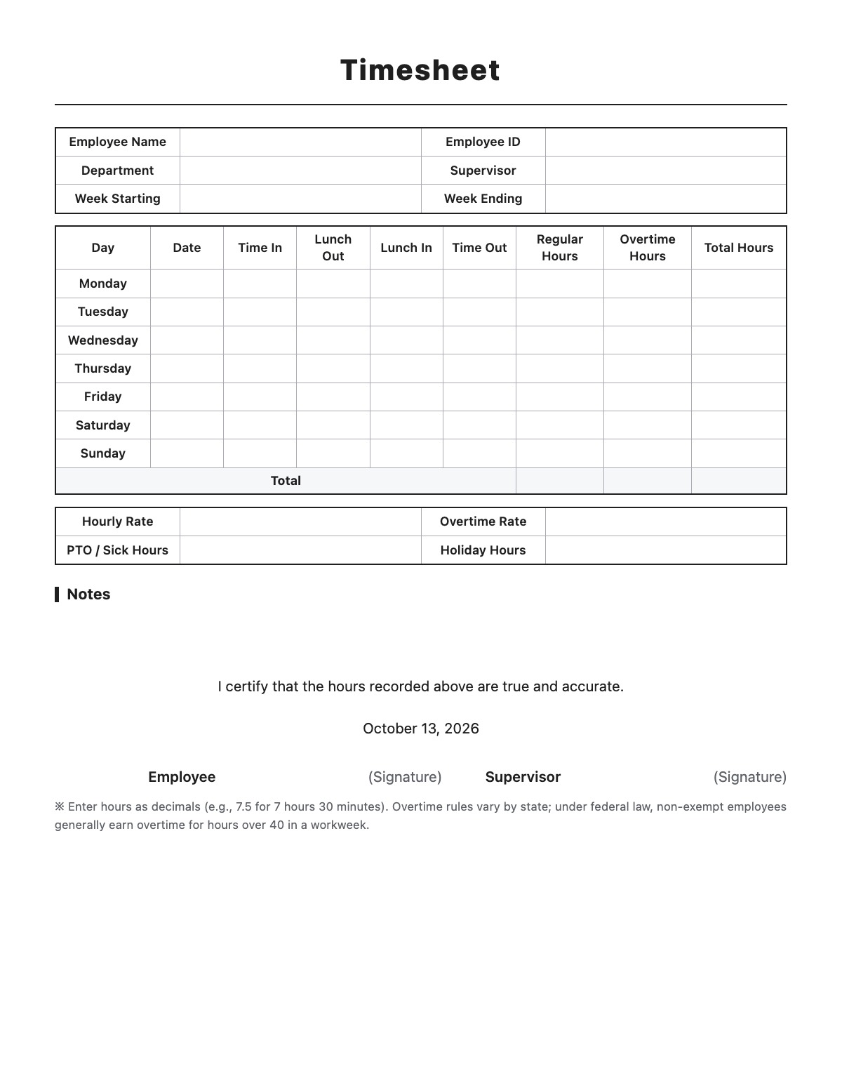 Timesheet template preview
