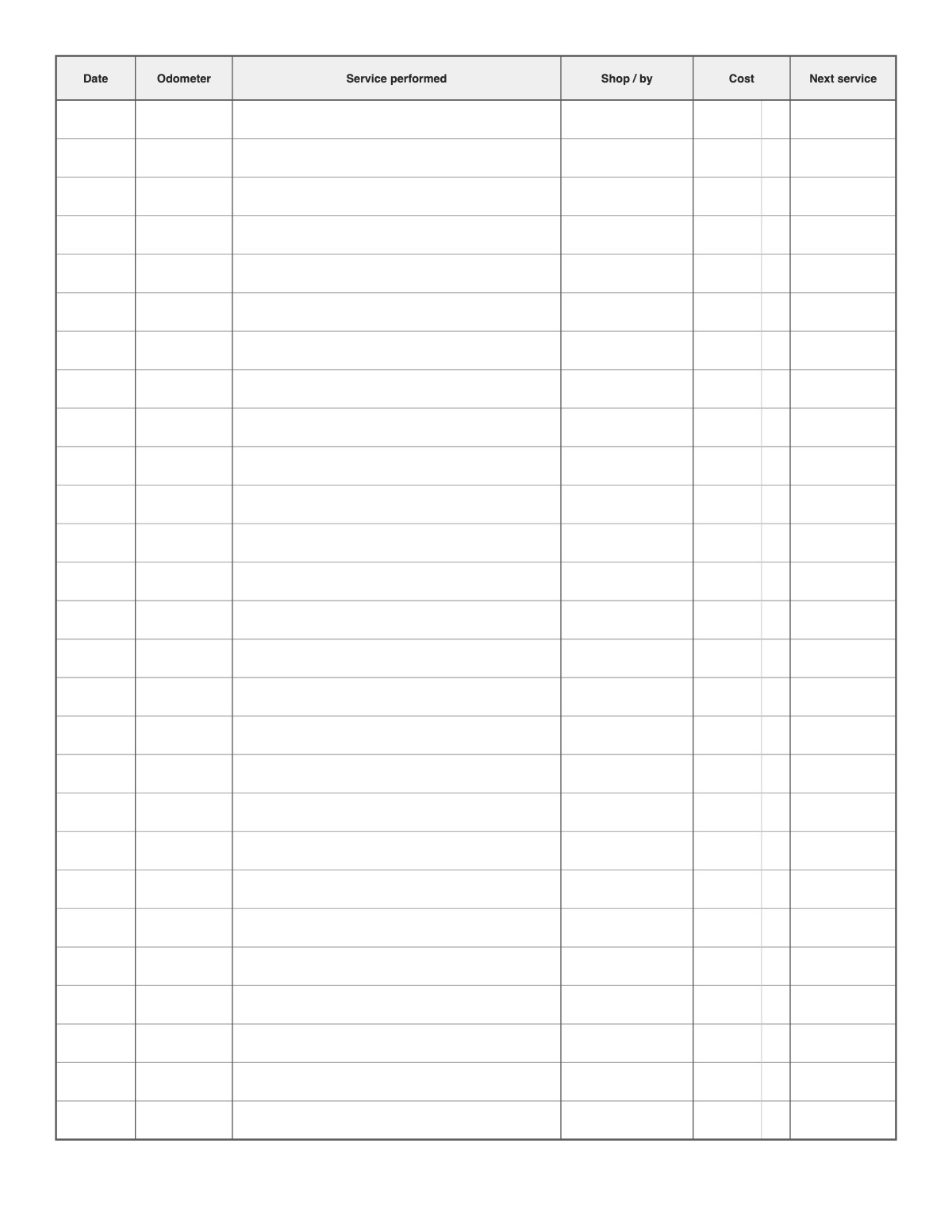 Vehicle Maintenance Log printable preview