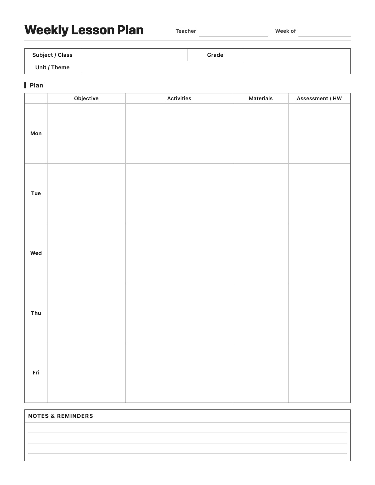 Weekly Lesson Plan template preview