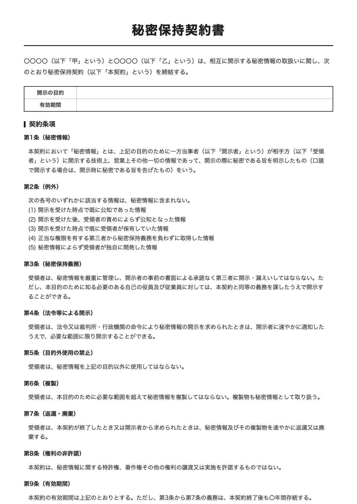 秘密保持契約書のテンプレート(A4)プレビュー