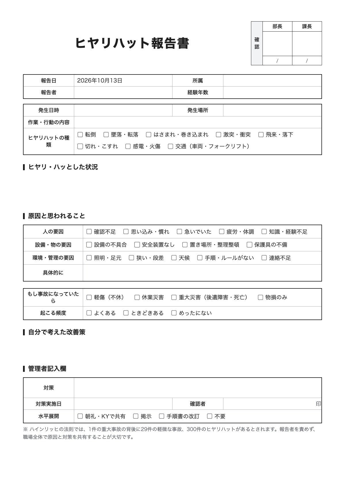 ヒヤリハット報告書のテンプレート(A4)プレビュー