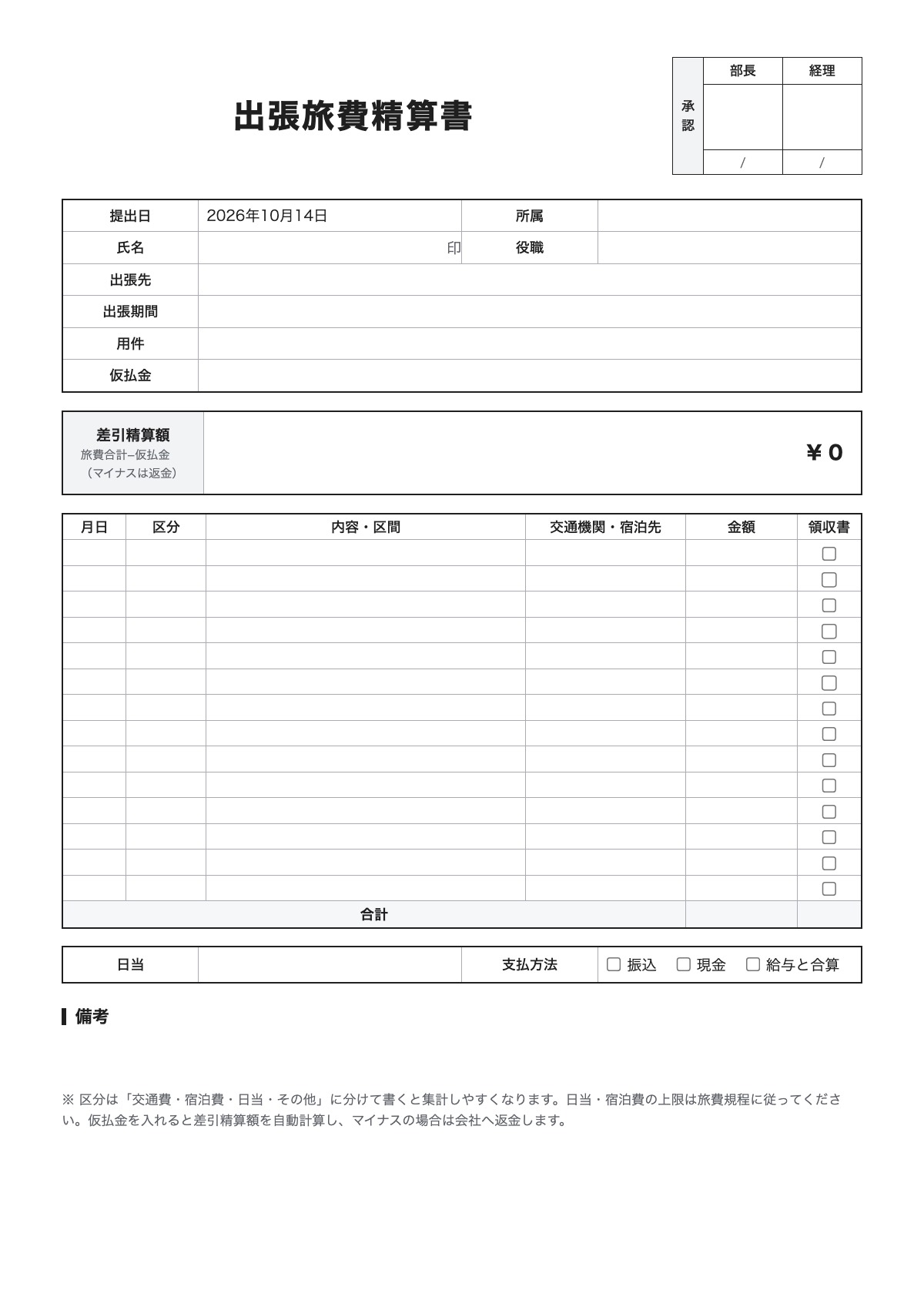 出張旅費精算書のテンプレート（A4）プレビュー