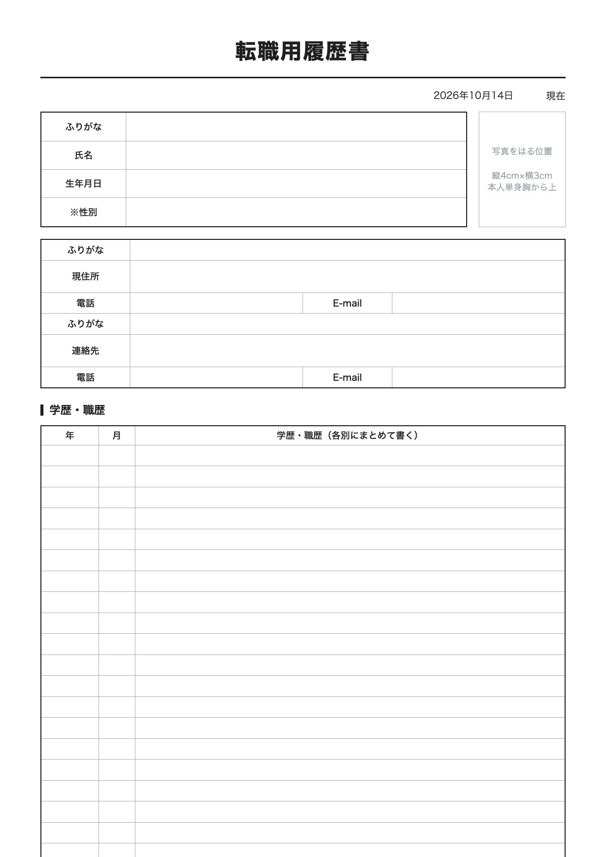 転職用履歴書のテンプレート(A4)プレビュー