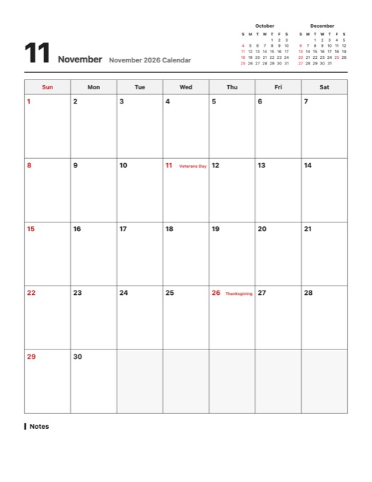 November 2026 Calendar template preview