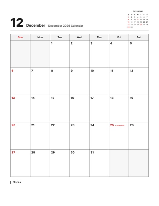 December 2026 Calendar template preview