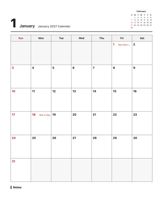 January 2027 Calendar template preview