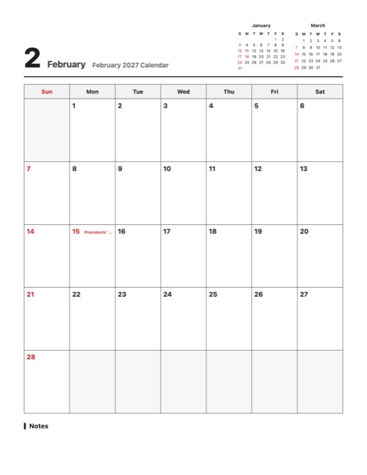 February 2027 Calendar template preview