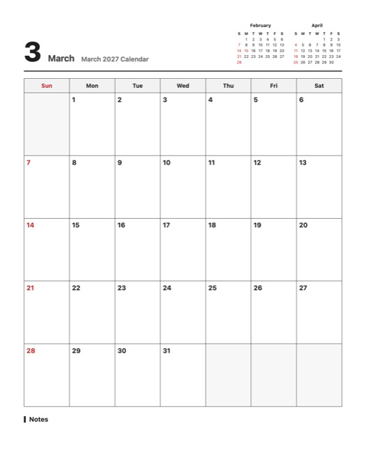 March 2027 Calendar template preview