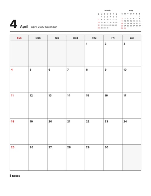 April 2027 Calendar template preview