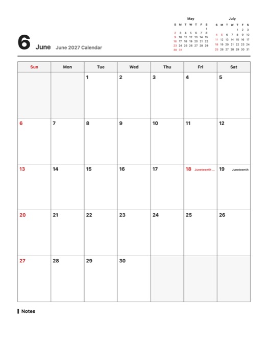 June 2027 Calendar template preview