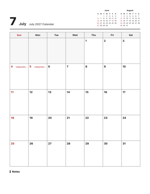 July 2027 Calendar template preview