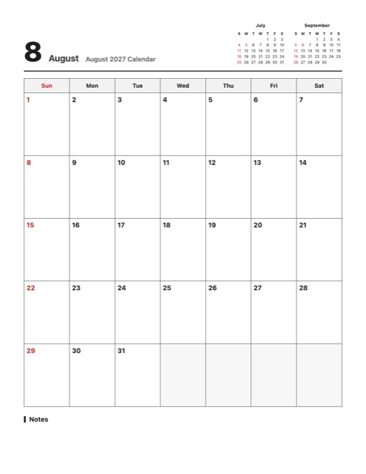 August 2027 Calendar template preview
