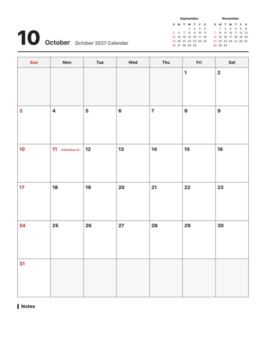 October 2027 Calendar template preview