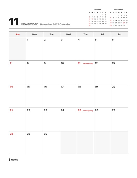 November 2027 Calendar template preview