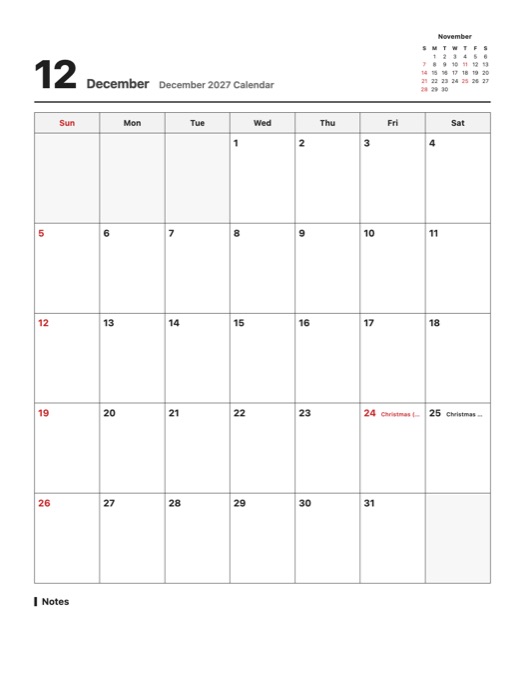 December 2027 Calendar template preview