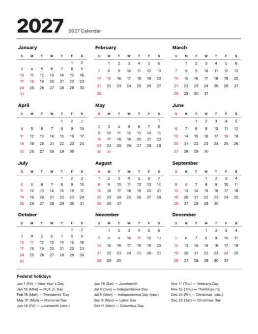 2027 Calendar template preview