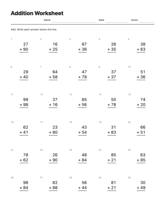 Addition Worksheet template preview