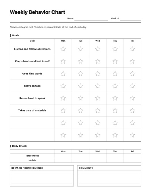 Weekly Behavior Chart template preview