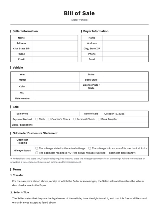 Bill of Sale template preview