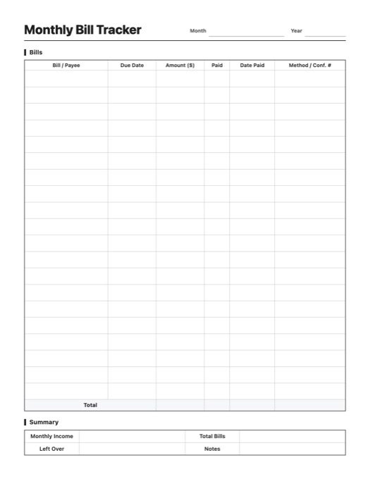Monthly Bill Tracker template preview