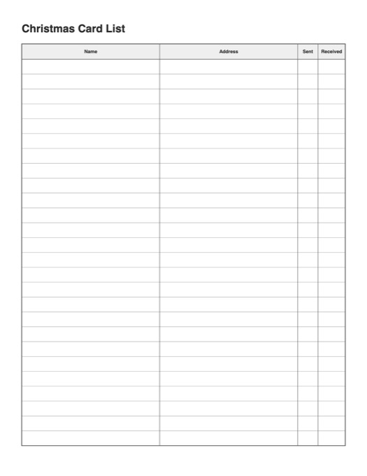 Christmas Card List template preview