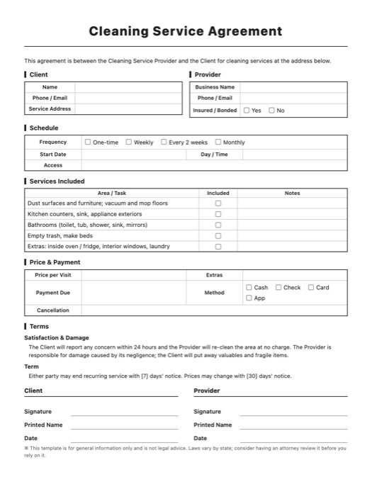 Cleaning Service Agreement template preview