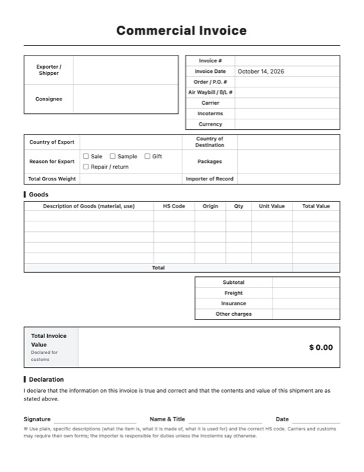 Commercial Invoice template preview